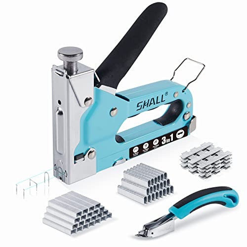 SHALL Handtacker Set, 3 in 1 Leistungsstarker Holztacker mit 3000 Klammern, Regulierbarer Schusskraft, Tackerpistole für Tischlerei, Dekoration, Kabelbefestigung, Inkl Klammerentferner