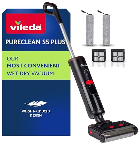 Vileda PureClean S5 Nass-Trockensauger mit Zubehör (2 Rollen, 2 Filter) | Kabelloser Akku Saugwischer mit Doppeltank & 100% Wassertrennung - Leicht, für alle Böden | 180m² mit 30Min Akkulaufzeit