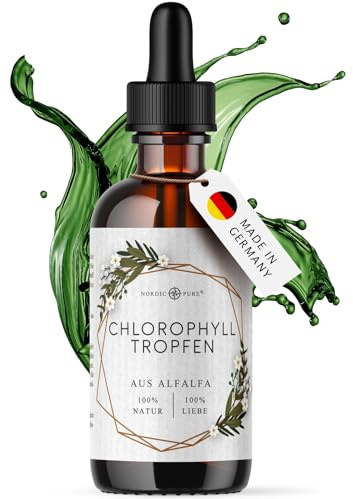 Nordic Pure Chlorophyll flüssig aus Luzerne 100 ml, 200 mg pro Tagesdosis Chlorophyll-Tropfen als Alternative zu Chlorophyll-Tabletten