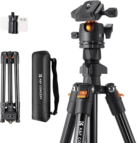 K&F CONCEPT O234A1 Handy Stativ,163cm Kamerastativ, Tripod für unterwegs, Stativ für Smartphone mit Handyhalterung, Aluminium Reisestativ