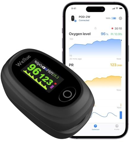 Pulsoximeter mit Bluetooth, Oximeter Finger Sauerstoff mit App, Oxymetergerät Finger mit Alarm, Schnelle Messung und OLED-Display, Schwarz