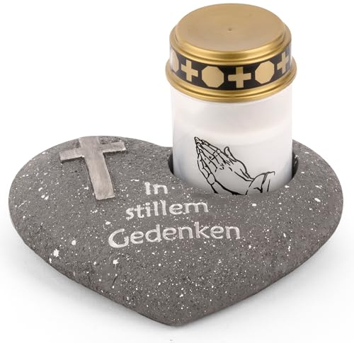 Novaliv Grabschmuck Herz Anthrazit mit Kreuz Spruch In stillem Gedenken inkl. LED Grablicht Weiß Grabdeko Grabherz Wetterfest Grabdekoration Gedenkstein Teelichthalter Trauerstein