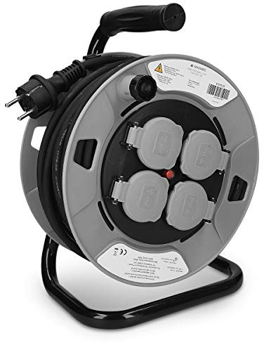 Navaris Kabeltrommel 15m mit 4 Steckdosen - Schutzklasse IP44 Kabeltyp H05RR-F 3G1,5 - Kabelrolle Kabel Trommel Baustelle Werkstatt Wohnwagen Camping
