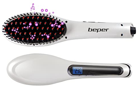 BEPER 40.926 2-in-1 Haarglättungsbürste Keramik, Ionen-Technologie, LCD-Display, einstellbare Temperatur, 360° drehbares Kabel, kräuselfreies, seidiges Haar, schwarz-weiß