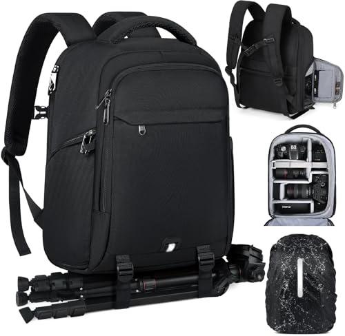 RAINSMORE Fotorucksack Kamerarucksack Groß mit 14 Zoll Laptopfach Leicht Kamera Rucksack DSLR SLR Kameratasche Regenschutz für Canon Nikon Sony Schwarz