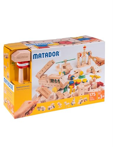 Matador Kinder Baukasten ab 3 Jahren 175-tlg. - Spannendes Holz Konstruktionsspielzeug zur Schulung von Kreativität und Feinmotorik, Bauspielzeug mit Stäbchen, Klötzen, Hammer & Zange
