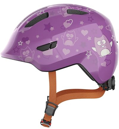 ABUS Kinderhelm Smiley 3.0 - Fahrradhelm mit tiefer Passform, kindergerechten Designs & Platz für einen Zopf - für Mädchen und Jungs - Violett mit Eulen-Muster, Größe M