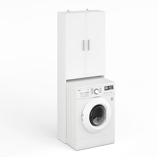 KOMTO Waschmaschinenschrank Weiß - 2 Türen Hochschrank für Waschmaschine und Trockner, Badezimmer Schrank | Gizmo 65 х 180 х 27 cm (BxHxT)
