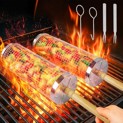 Grillzubehör Rollender Grillkorb 2er Set, Edelstahl 304 mit Abnehmbarem Holzgriff, Nestbar für Gemüse & Meeresfrüchte, Outdoor Camping Grillkörbe für Gasgrill (20 cm + 30 cm), Geschenk für Männer
