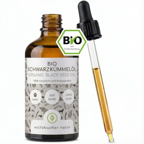 Wolfsbacher Natur Bio Schwarzkümmelöl für Hunde kaltgepresst 100 ml | Für Wald Wiese & Abenteuer: Reines Bio-Schwarzkümmelöl mit natürlichem Thymoquinon in der Glaspipettenflasche