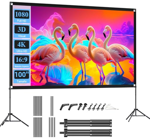 VISULAPEX 100” Beamer Leinwand mit Stativ, 16:9 4K HD Projektor Leinwand Tragbar, Faltbare leinwand Beamer mit Tragetasch für Heimkino Gartenkino Theater Nächte