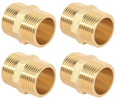Doppelnippel 3/4 Zoll Messing Außengewinde, 4 Stück Doppelnippel mit Sechskant Robust und Rostfrei, Messing Gewindefitting Fittings für Trinkwasser Geeignet Verschraubung