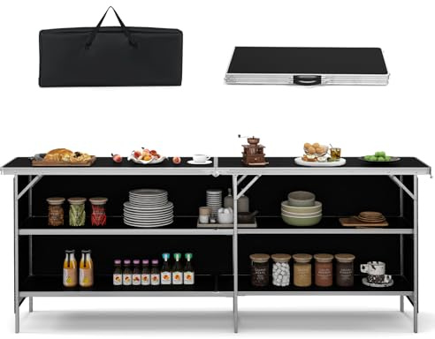 COSTWAY Campingschrank faltbar, tragbare Campingküche mit 2-stöckigen Regalen, Camping Faltschrank aus Aluminiumgestell, inkl. Tragetasche, für Picknick, Grillen, Partys, 206 x 38 x 83 cm