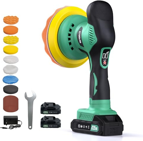ETOOLAB Poliermaschine Auto Akku, Poliermaschine Auto Set 22 pcs, Exzenter poliermaschinen mit 2 * 2.0Ah 21V Batterie, 8 variable Geschwindigkeit, für die Autodetailing, Scheinwerfer Aufbereitung Set