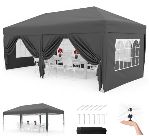 Faltpavillon 3x6 m wasserdicht stabil mit 6 Seitenwänden – Pop up Pavillon faltbar aus 420D Oxford, UV-Schutz 50+, 3-Fach höhenverstellbar, Partyzelt mit Tragetasche für Garten & Outdoor Grau