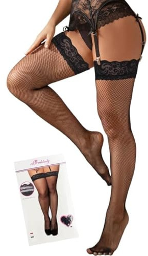 ohyeahlady Halterlose Strümpfe für Damen xxl Sexy Spizten Fischnetz Stockings Große Größen Strapsstrümpfe für Strumpfhalter Lange Overknee Strümpfe Oberschenkel Transparent Hold Up(Schwarz,L-XXL)