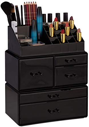 Relaxdays Make Up Organizer mit 21 Fächern, schwarz | Kosmetik Tower für Lippenstift, Nagellack, Acryl Make Up Box
