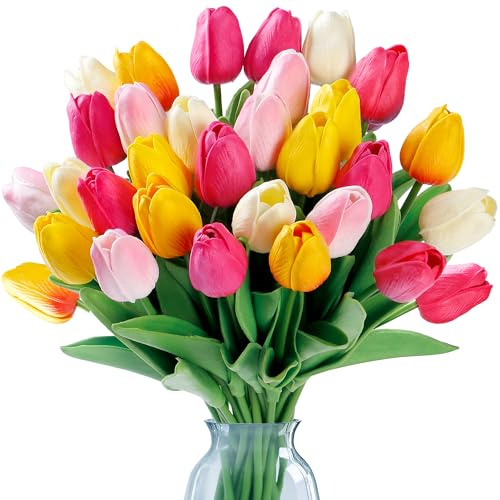 Sggvecsy Künstliche Tulpen, fühlen sich echt an, PU-Kunstblumen, Tulpenstiele für Hochzeit, Frühlingsstrauß, Blumenarrangement, Zuhause, Büro, Party, Dekorationen für Muttertag (mehrfarbig)