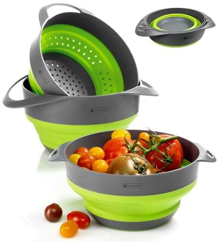 Bergmeister® Faltbares Schüssel Set 3in1 mit Sieb 1,7L / 2,8L Multifunktional Spülmaschinenfest Platzwunder für jedes Zuhause sowie Outdoor Camping Küche
