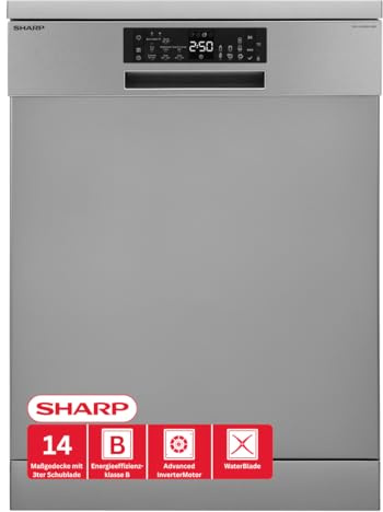 Sharp QW-NA25GF44BS-DE Freistehender Geschirrspüler 60cm / B / 14 Maßgedecke mit Besteckschublade / 8 Programme mit Automatikprogrammen/Halbe Beladung/Startzeitvorwahl/AquaStop/Silber