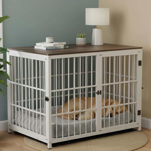 BingoPaw XL Hundekäfig Möbel große Hunde, Hundebox für Zuhause, 107x71x81cm | Modern Hundehütte Indoor mit 3 Türen, abnehmbar Tablett, Multifunktional Hundeschrank Beistelltisch TV Schrank Tierkäfig Weiß