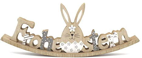 LB H&F Osterdeko Schriftzug Frohe Ostern Holz Hase Tischdeko Osterhase Aufsteller niedlich zum hinstellen Frühling (Wippe)