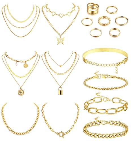 CASSIECA 17 Stück Schmuck Set für Damen Mode Accessoires für Teenager Geburtstag Jahrestag Weihnachts Geschenke für Damen Mädchen Mehrlagige Halsketten Zierliche Klobige Armbänder Knöchel Ringe