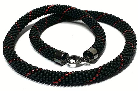 Kette gehäkelt Glasperlen 925 Silber geschwärzt Schließe Handarbeit Unikatschmuck Häkelkette schwarz rot 48cm