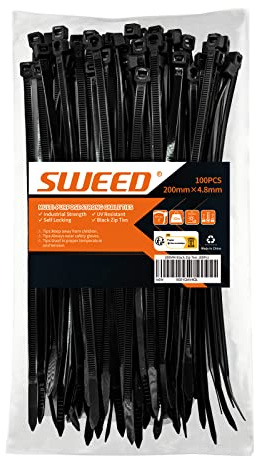 Sweed 100 Stück UV-beständige schwarze Kabelbinder, 200 mm robust, 22 kg Zugfestigkeit, 4,8 mm breit, für Haushalt, Garage und Garten (ZD-8-100)