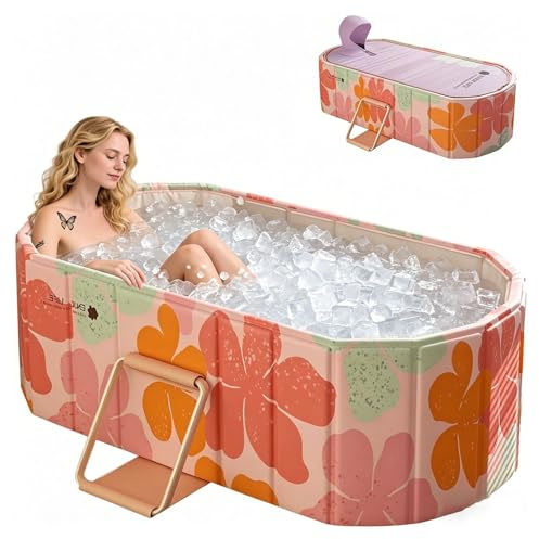 Gelory Faltbare Badewanne für Erwachsene,2in1 Eisbad & Warmwasser,Tragbar Freistehende Badewanne mit Deckel,Ideal für Heim-SPA, Outdoor & Indoor, Montagefrei(120x56x50cm,Pink)