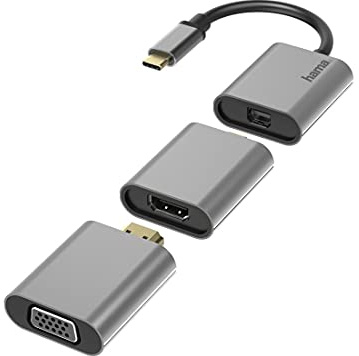 Hama Adapter Set, 6in1 Hub mit USB-C (USB C Adapter mit Mini-DisplayPort, HDMI™, VGA für PC, Notebook, Tablet, TV oder Beamer, Ultra HD Kinoqualität 4K, kompatibel mit Thunderbolt) Aluminium