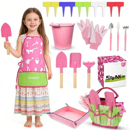 Stanew Kinder-Garten-Set, Kinder-Garten-Werkzeug-Set, Kinder-Garten-Geschenk, Kinder-Outdoor-Garten-Set, Mit Eimer, Schürze, Gartenschild, Matte, Handschuhe (pink)