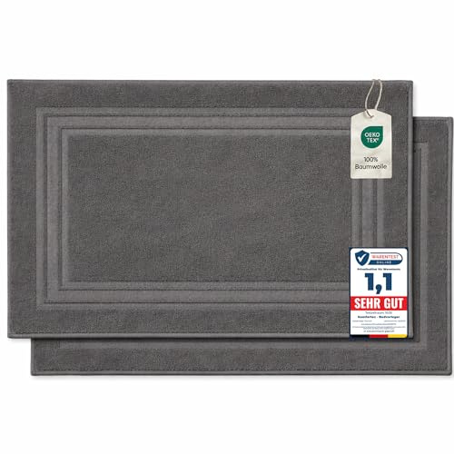 Komfortec 2er Badvorleger aus 100% Baumwolle, 600 GSM, Duschvorleger, Waschbar, Badteppich, Saugfähig, Frottee, 50x70 cm, Anhtrazit
