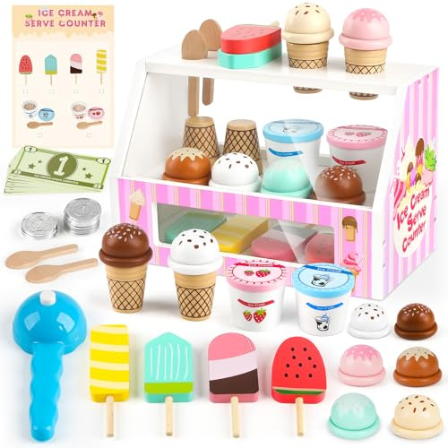 Dreamon Eisdiele Kinder Holz, 38 Stück Kinderküche Zubehör Montessori Spielzeug, EIS Holzspielzeug mit Spielgeld Münze, Kaufladen Rollenspiele Geschenk 3 4 Jahre Mädchen Junge