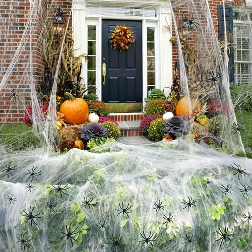 Halloween Deko - 200g Dehnbare Spinnenweben Mit 40 Stück Realistische Kunststoff Spinnen, Outdoor Spinnennetz für Party, Garten, Spukhaus, Hof Dekoration