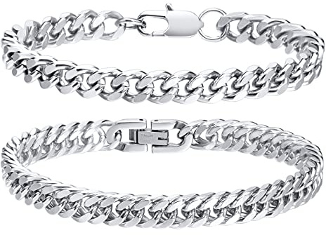19 Herren Armband Edelstahl Armbänder Panzerkette - 2 Stücke Silber Schwarz Herrenarmbänder für Männer Jungs Kubanische Armband 10mm Breite 19cm/21cm/23cm Länge Geschenke für Ehemann