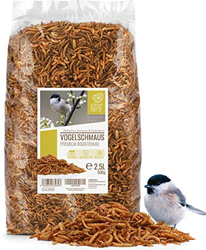 wildtier herz Vogelschmaus - Premium-Insektenmix - Getrocknete Mehlwürmer, Insektenlarven und Gamarus für Vögel - Vogelfutter mit Insekten und Würmer - 2,5 Liter