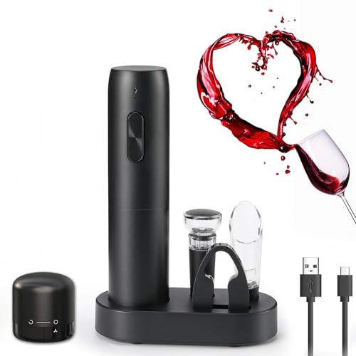 ZOYIDOUX 7-in-1 wiederaufladbares elektrisches Korkenzieher-Geschenkset, elektrischer Weinöffner mit Basis, Schneider, Ausgießer, Silikon-Vakuumstopfen, Weinkorken mit Schloss, USB-Ladeleitung
