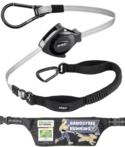Handsfree Hundeleine mit Bauchtasche & Hüftgurt – Nie Wieder Leine in der Hand | Stoßdämpfer, Einziehmechanismus, 2 Sicherheitsgriffe & Reflektor | Jogging & Canicross 5–40 kg (Größe M)