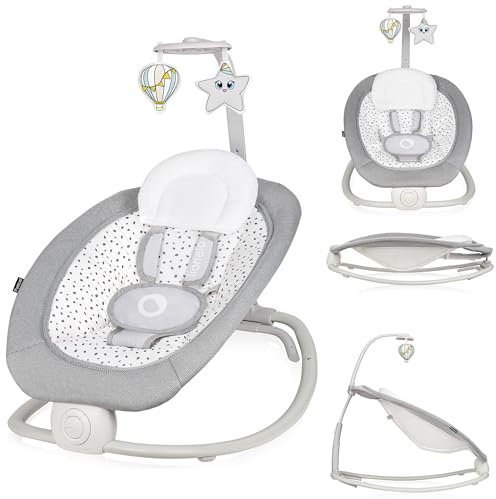 LIONELO Pascal Baby Wippe, sanfte Vibrationen, 5 Melodien | Spielzeugkarussell mit interaktiven Plüschtieren, Kopfkissen, verstellbare Rückenlehne, Energiesparsystem