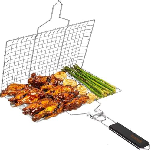 304-Edelstahl Fisch-Grillkorb | Faltbar & Tragbar mit abnehmbarem Griff | Antihaft-Netz, Robust rostfrei | Für Fisch, Gemüse, Garnelen, Steak & mehr