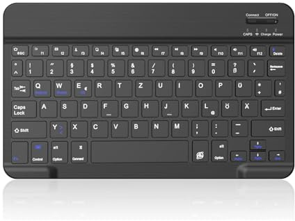 COEZFE Bluetooth-Tastatur (Deutschem Layout QWERTZ), Ultraflache kabellose Tastatur mit integriertem Akku für Tablets & Andere iOS Android Windows Geräte, Schwarz