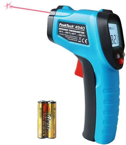 PeakTech P 4940 – Infrarot-Thermometer -50°C bis 600°C – Laser Temperaturmessgerät mit Auto-Hold Funktion – Laser Thermometer mit Infrarot – Emissionsgrad 0,95 – inkl. Batterien & Anleitung