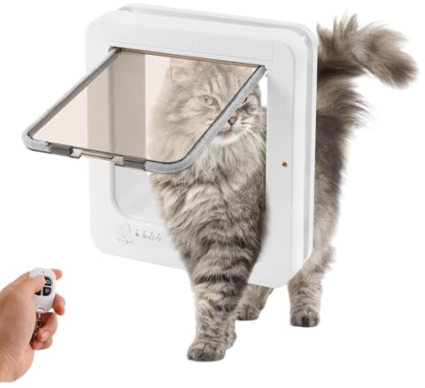 Katzenklappe mit Chiperkennung, Intelligente Katzentür mit 2 Halsketten mit RFID-Halsbandschlüsseln, Fernbedienung, 4 Schaltmodi Katzenklappe Fenster für Katzen bis zu 11 kg, Weiß