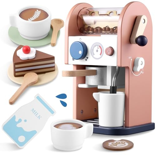 GAGAKU Kaffeemaschine Kinder Holz mit Sound 15 Teile Kinderküche Spielzeug mit Geräusch Kinderkaffee Kinder Küche Spielküchen Zubehör Kaffeemühle Geschenke für Jungen und Mädchen ab 3 Jahre