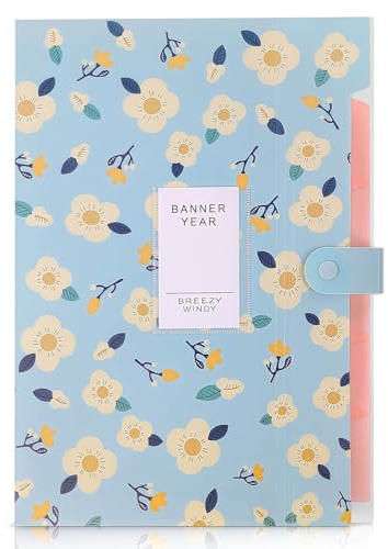 KONVINIT Dokumentenmappe Fächermappe A4 Mappe mit 5 Fächern PP Floral Bedruckt Akkordeon Dokument Ordner Folder Document Organizer,Ordnungsmappe mit Druckknopf,Blau