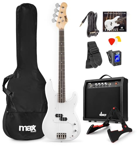 MAX GigKit Bassgitarre Set mit Verstärker 21 Bünde Weiß | mit Tasche, Stimmgerät, Plektren, Ständer, Gurt, Kabel, Ersatzsaiten, Kopfhöreranschluss, Lindenholz, Ahornhals, Electric