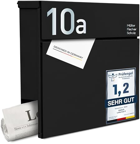 Radius Designer Briefkasten Schwarz personalisiert – Letterman 6 mit Lasergravur – Edelstahl V2A Wandbriefkasten mit Zeitungsfach - 10 Jahre Funktions- & Korrosionsgarantie - inkl. Montageset