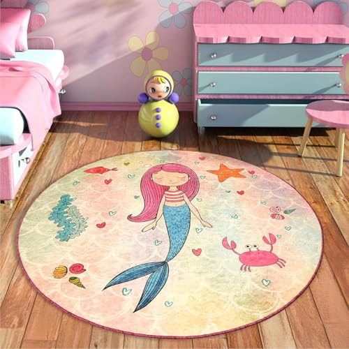 Bosdela Kinder- und Babyteppich Watch Red Round Ø140 cm (Kinder- und Babyteppich Mermaid Round, Ø140 cm)