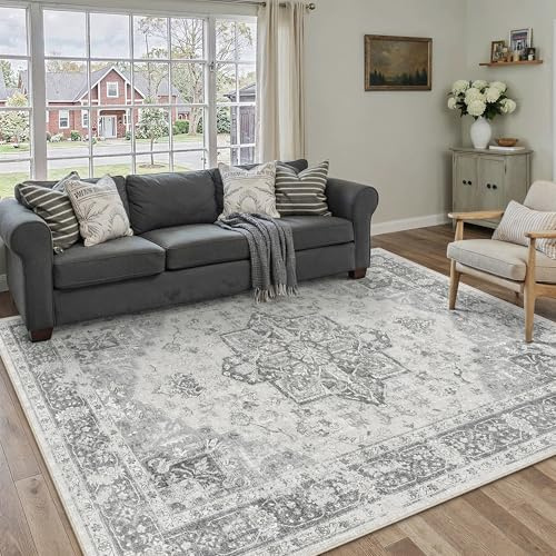 PureCozy Grau Vintage Teppich Wohnzimmer 160x230cm Waschbar | Waschbarer Teppich, Weich Rutschfest, Kurzflor im Retro, für wohnzimmerteppich Schlafzimmer Esszimmer, Groß Teppich